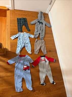 6 months old- baby boy pajamas, pants, and cold weather onesie